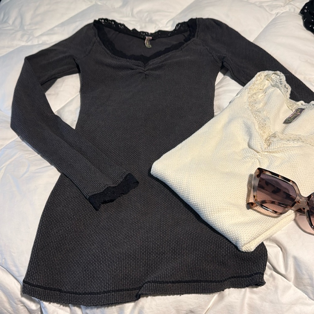 Free People Black and Cream Long Sleeve Tops